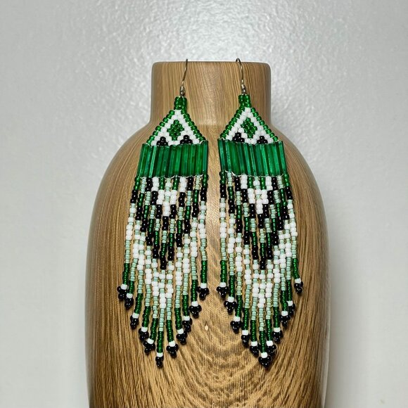 Handcrafted Green & Black Beaded Fringe Earrings With Geometric Tribal Design - Picture 1 of 3